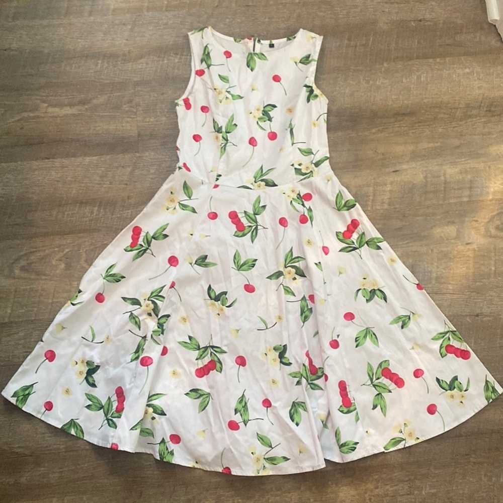 Retro White Cherry Blossom MIDI Dress Size Large - image 3