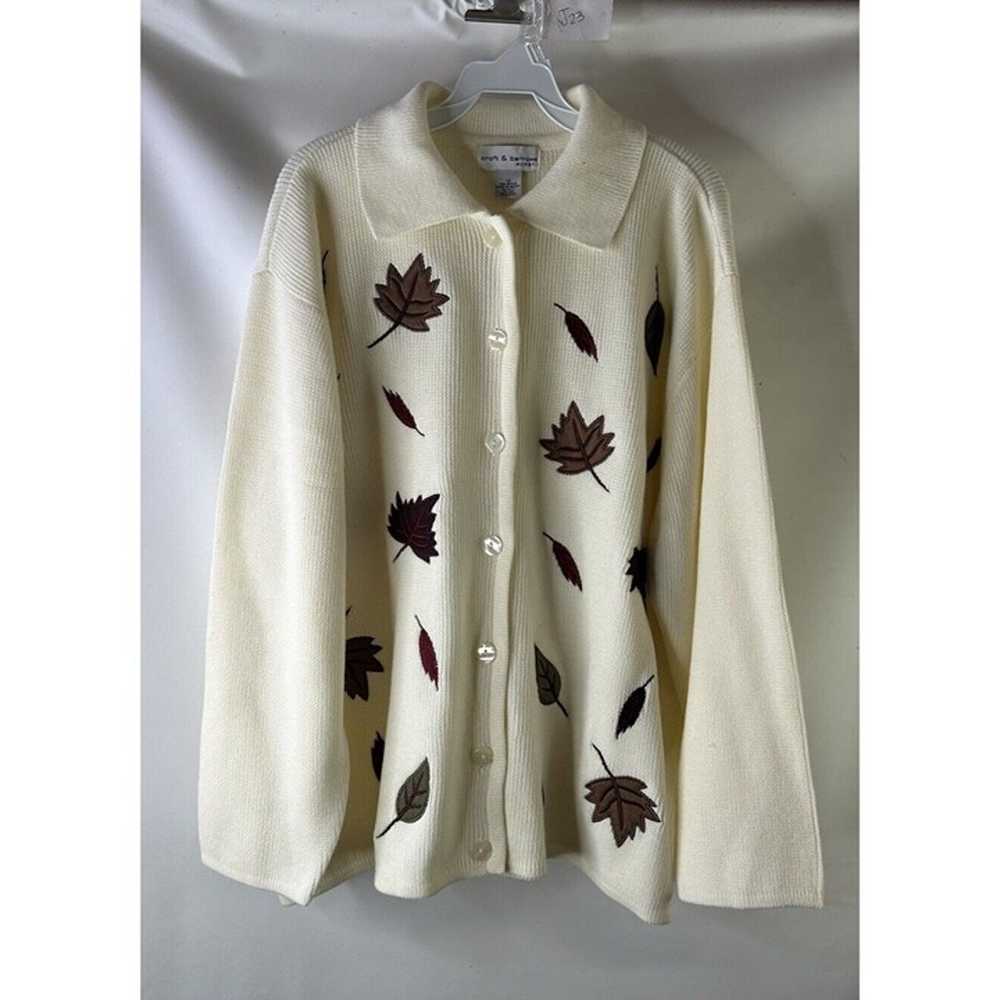 VTG 90s Womens 1XL Fall Leaves Knit Collared Butt… - image 1