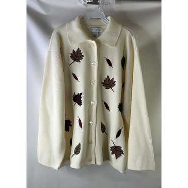 VTG 90s Womens 1XL Fall Leaves Knit Collared Butt… - image 1