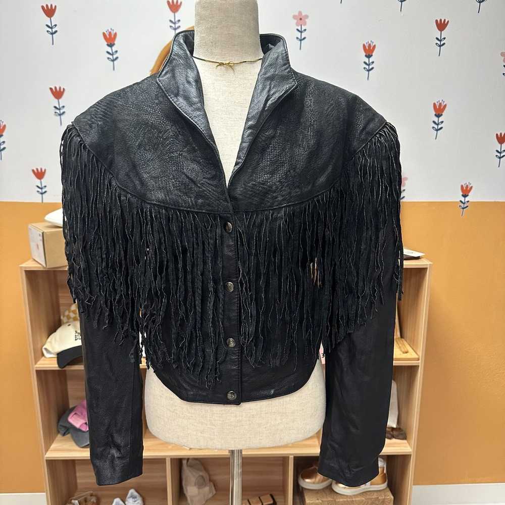 Vintage El Venado black leather fringe jacket - image 1