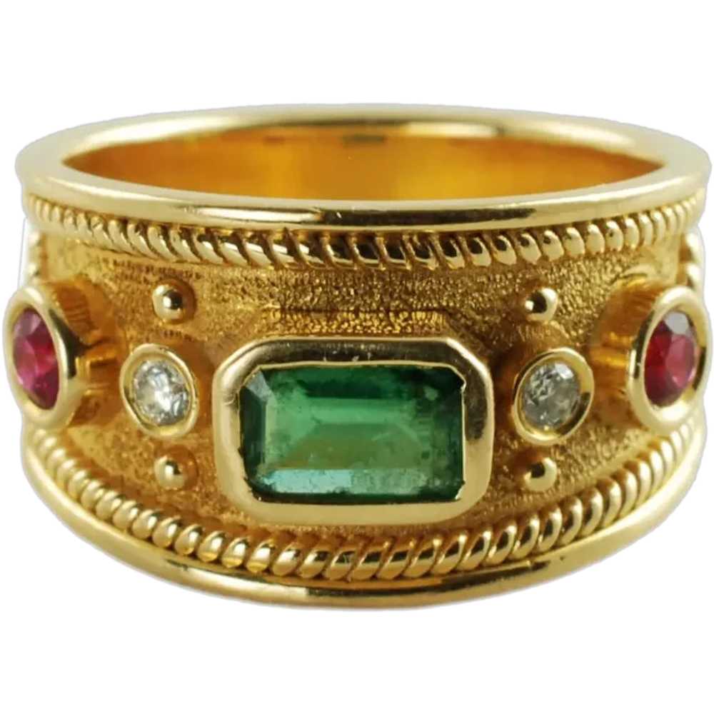 Vintage Etruscan Style 18k Gold Emerald Ruby and … - image 1