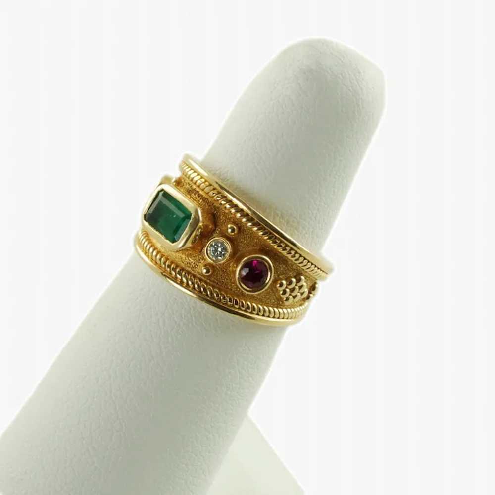 Vintage Etruscan Style 18k Gold Emerald Ruby and … - image 2