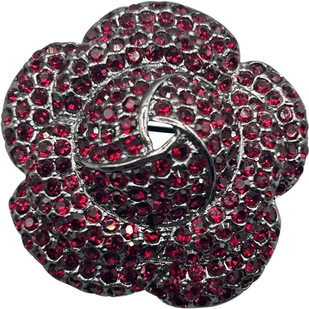 Vintage Red Rhinestones Flower Pin Brooch Silver … - image 1