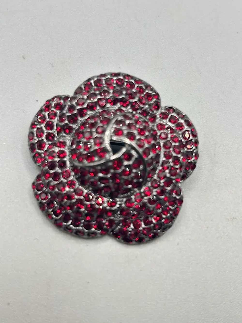 Vintage Red Rhinestones Flower Pin Brooch Silver … - image 2