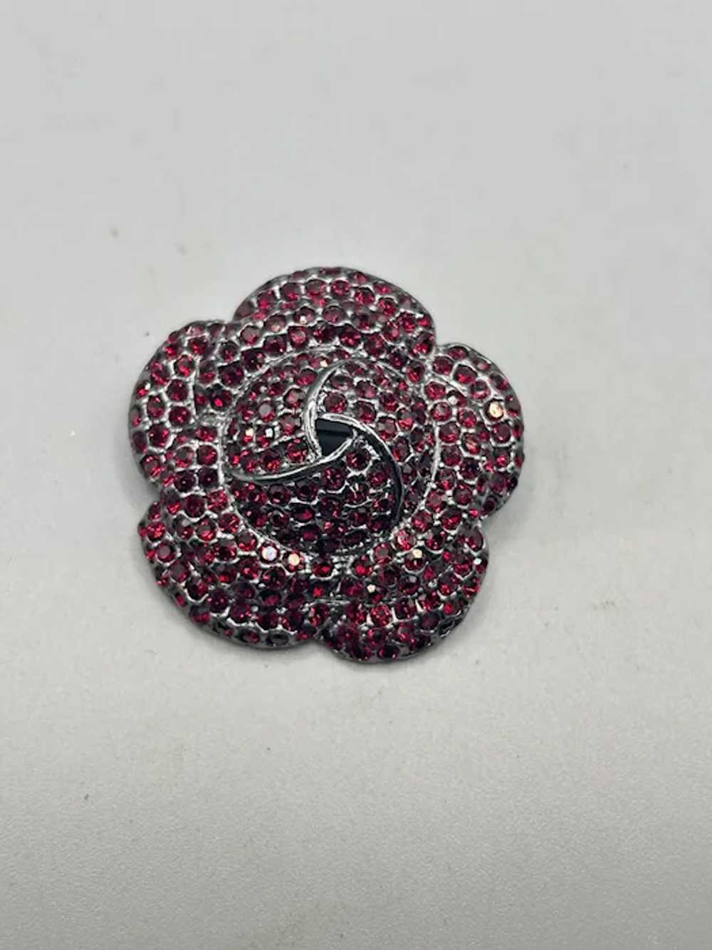 Vintage Red Rhinestones Flower Pin Brooch Silver … - image 3