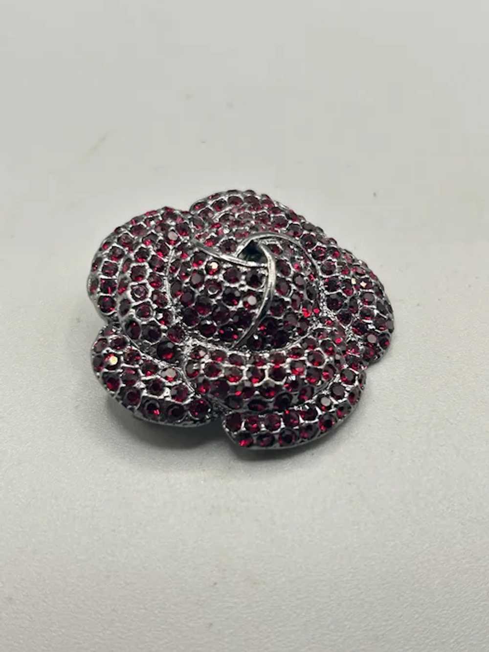 Vintage Red Rhinestones Flower Pin Brooch Silver … - image 4