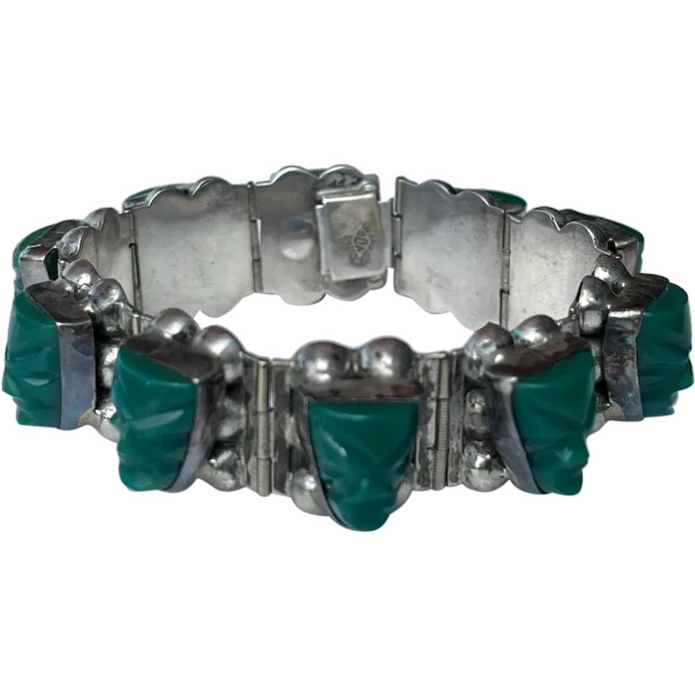 Estate Tribal Green Carved Stone & Sterling Igual… - image 1