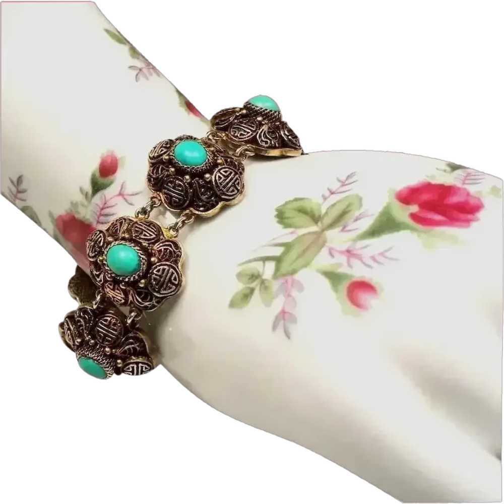 Vintage Chinese Export Turquoise Gilt Silver Brac… - image 1