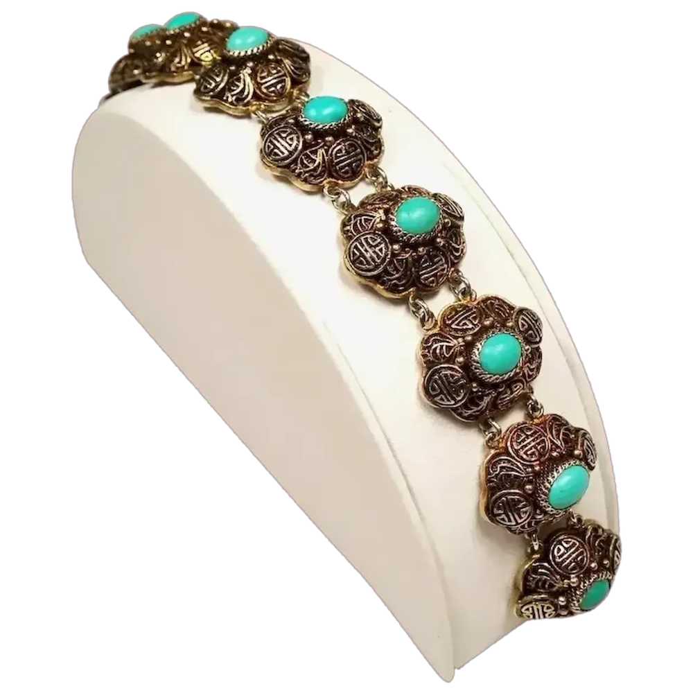 Vintage Chinese Export Turquoise Gilt Silver Brac… - image 2