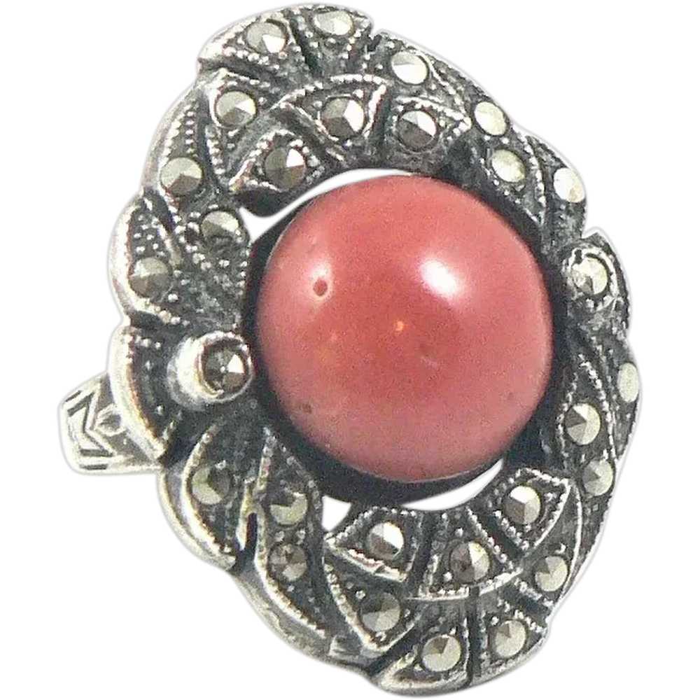 French Coral Silver Marcasite Ring - image 1