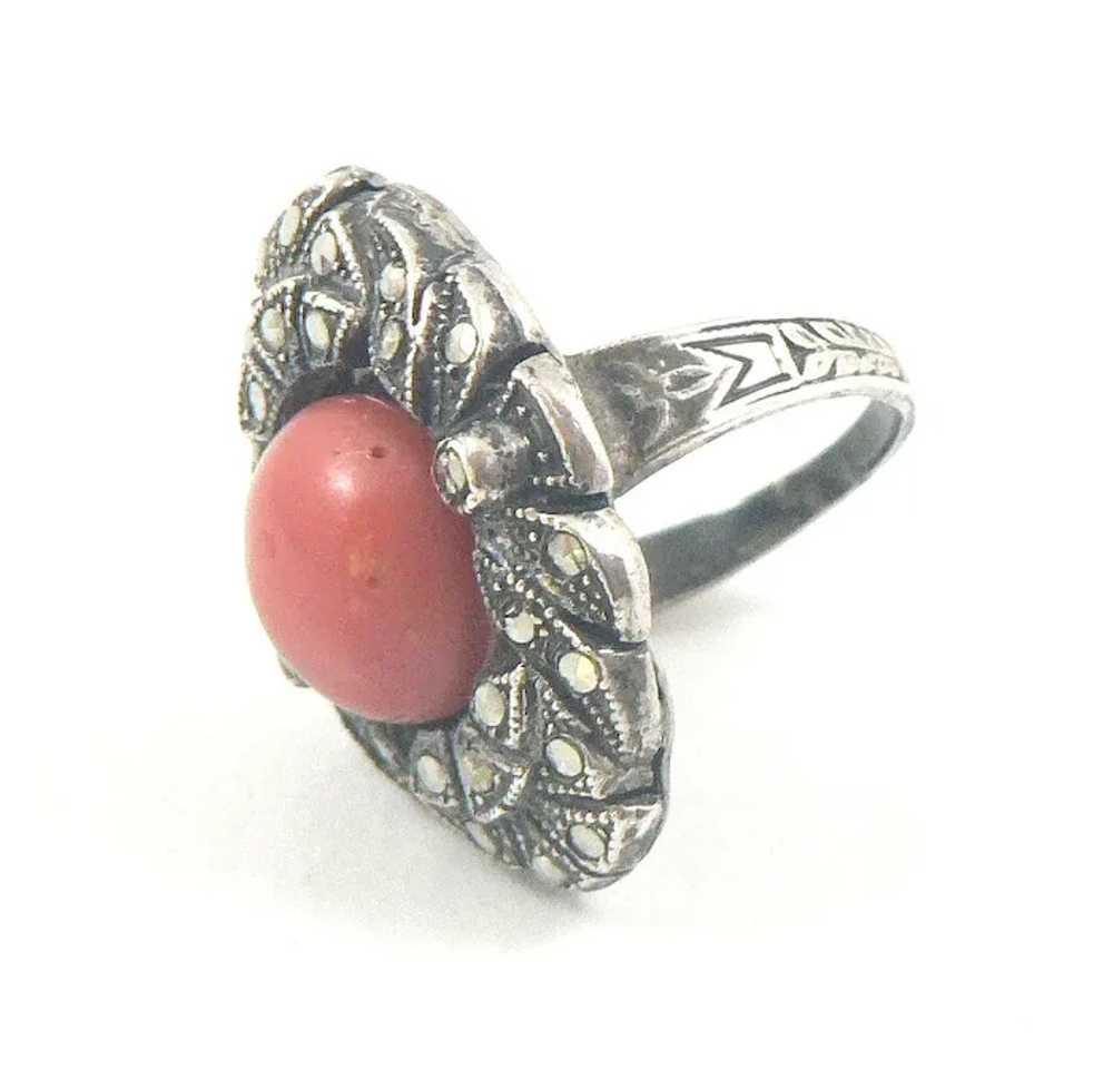 French Coral Silver Marcasite Ring - image 2