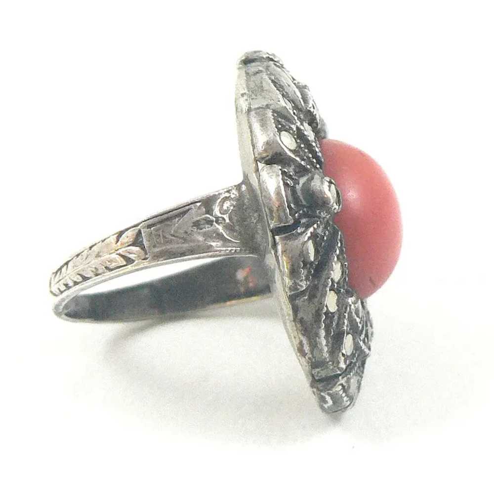 French Coral Silver Marcasite Ring - image 3