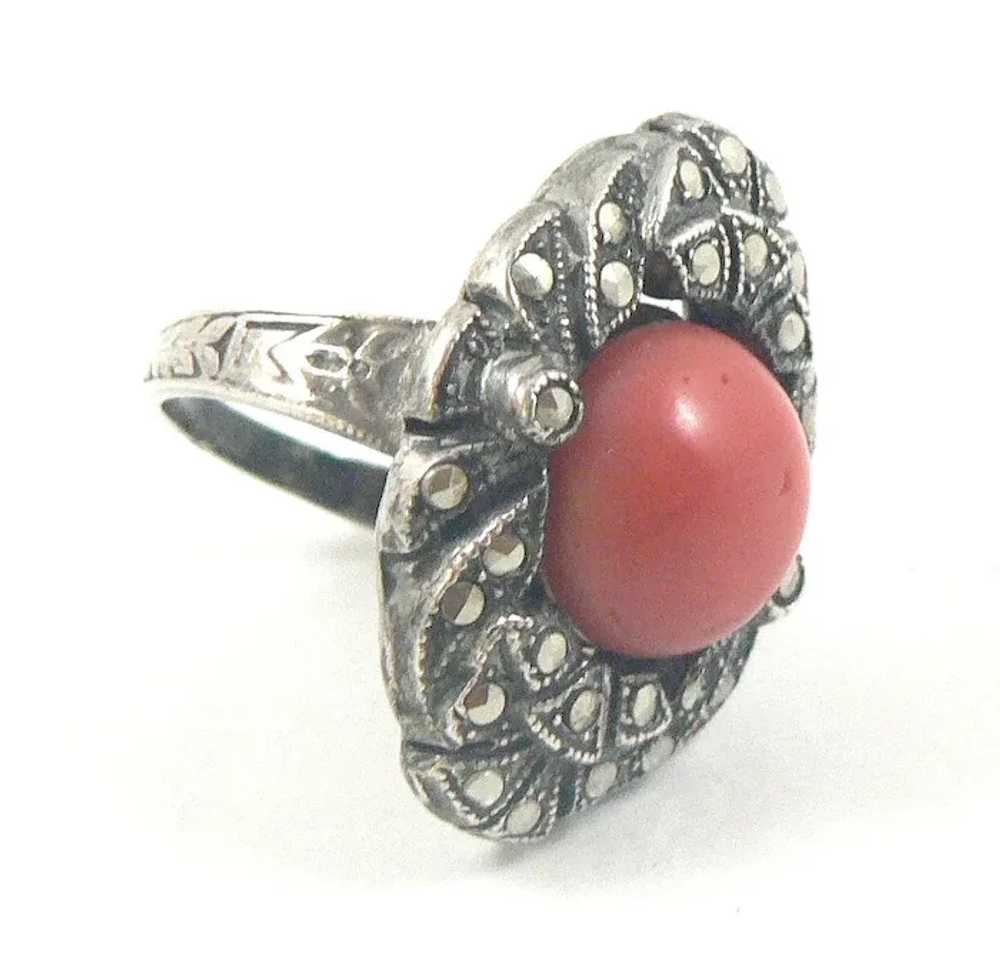 French Coral Silver Marcasite Ring - image 4