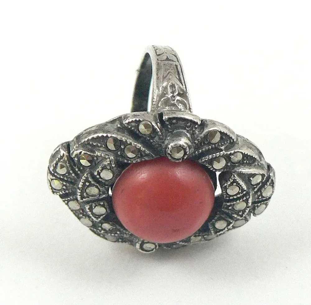 French Coral Silver Marcasite Ring - image 6