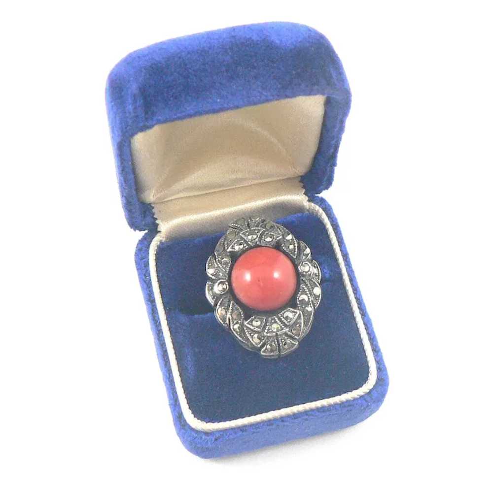 French Coral Silver Marcasite Ring - image 7