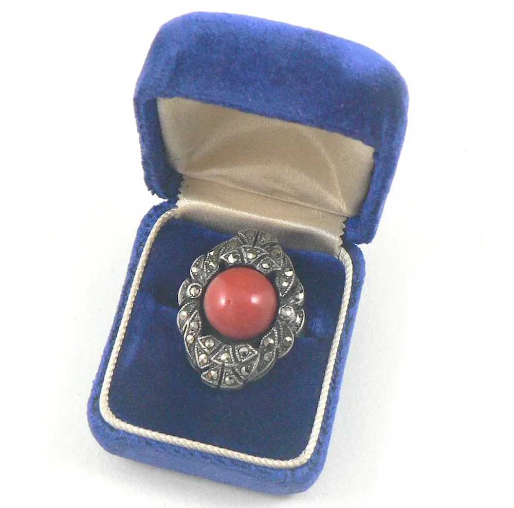 French Coral Silver Marcasite Ring - image 8