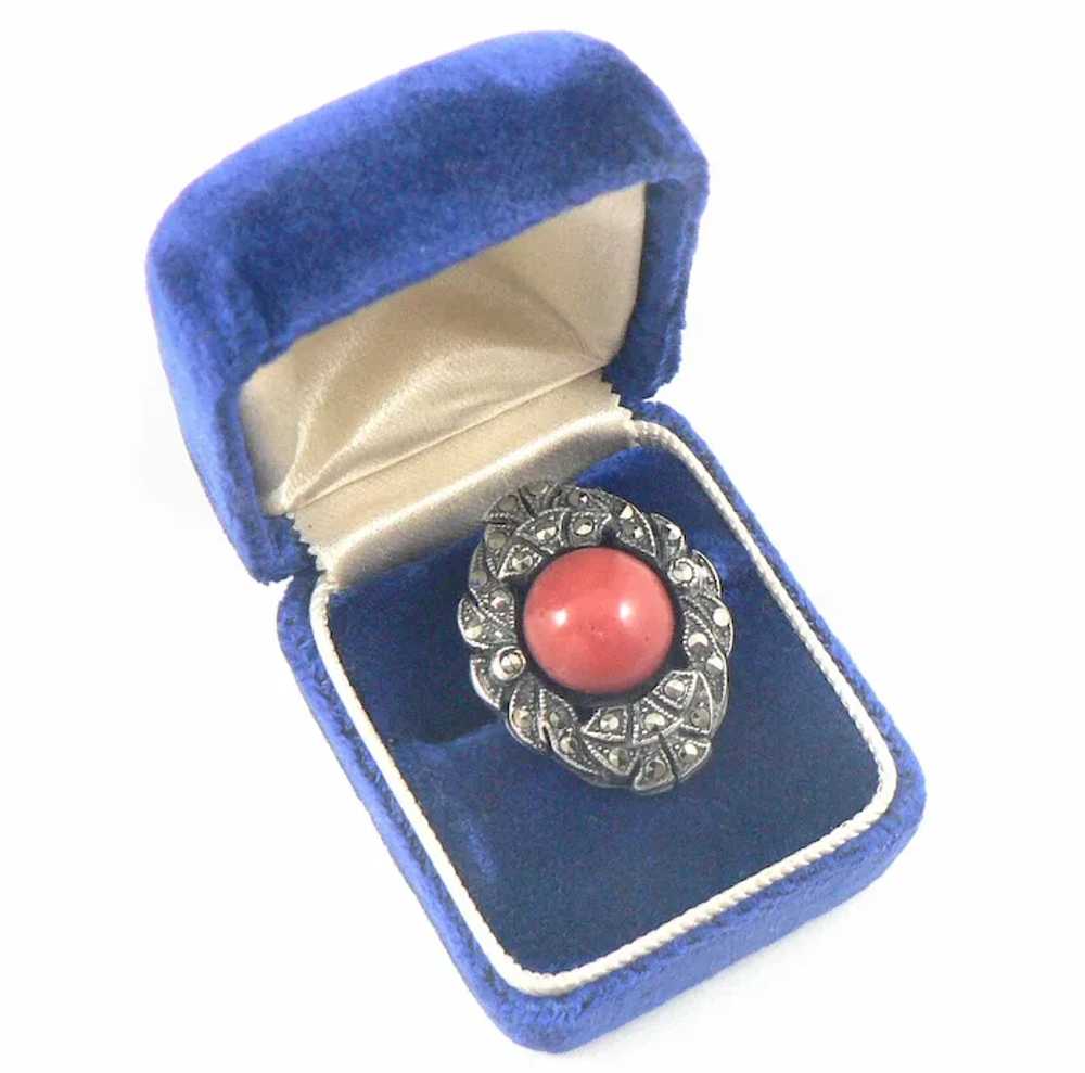 French Coral Silver Marcasite Ring - image 9