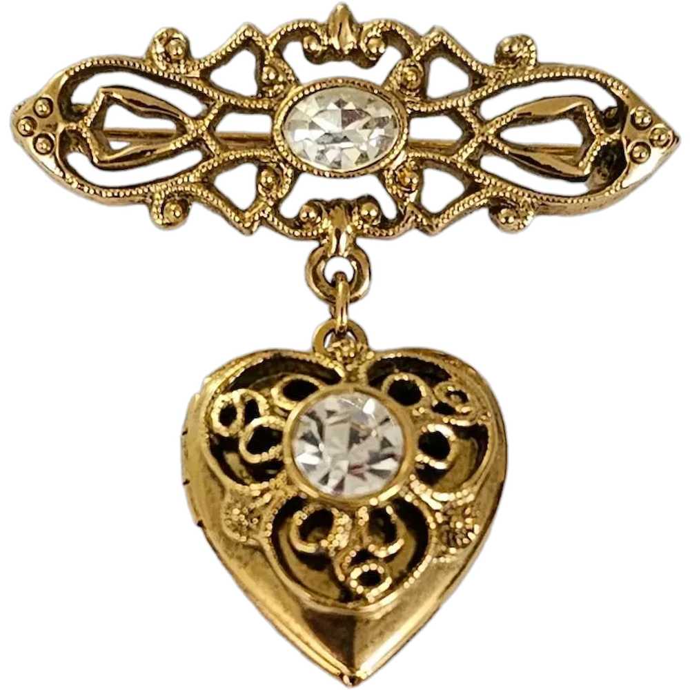 1928 Brand Gold Tone Heart Locket Bar Brooch Pin … - image 1