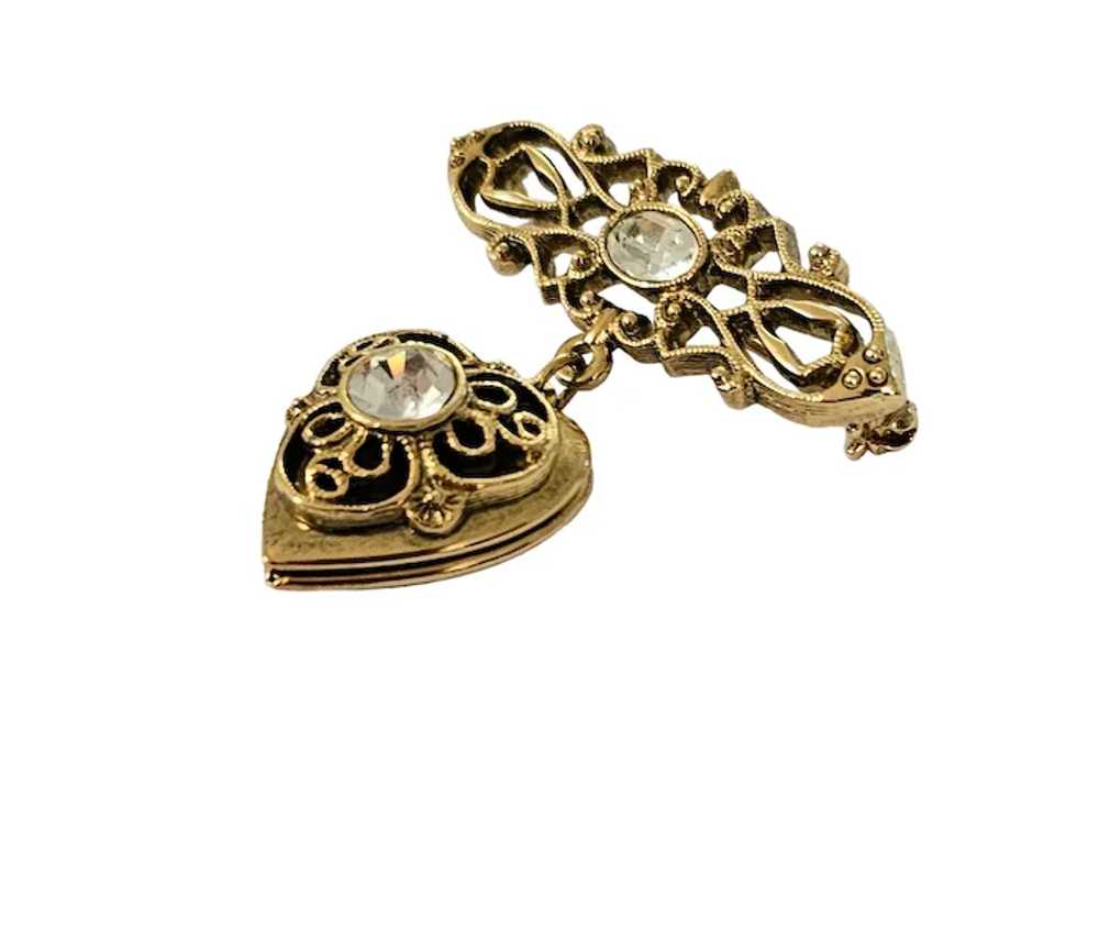 1928 Brand Gold Tone Heart Locket Bar Brooch Pin … - image 2