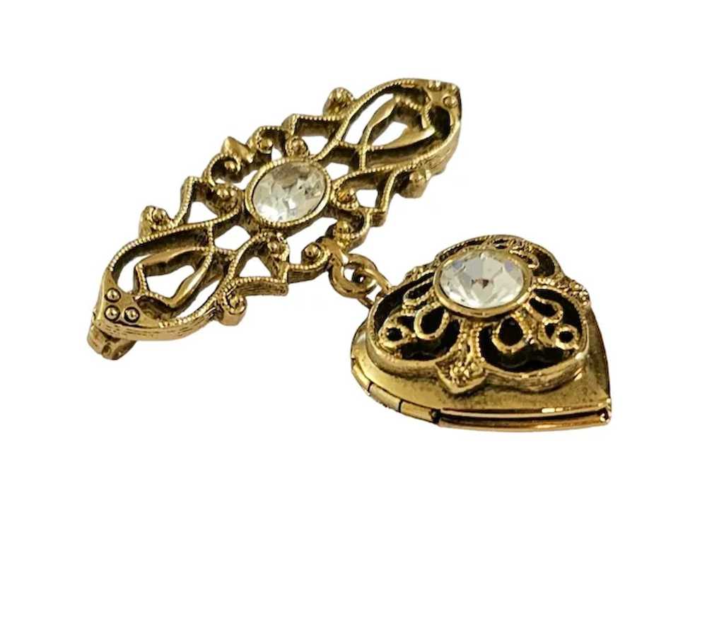 1928 Brand Gold Tone Heart Locket Bar Brooch Pin … - image 3