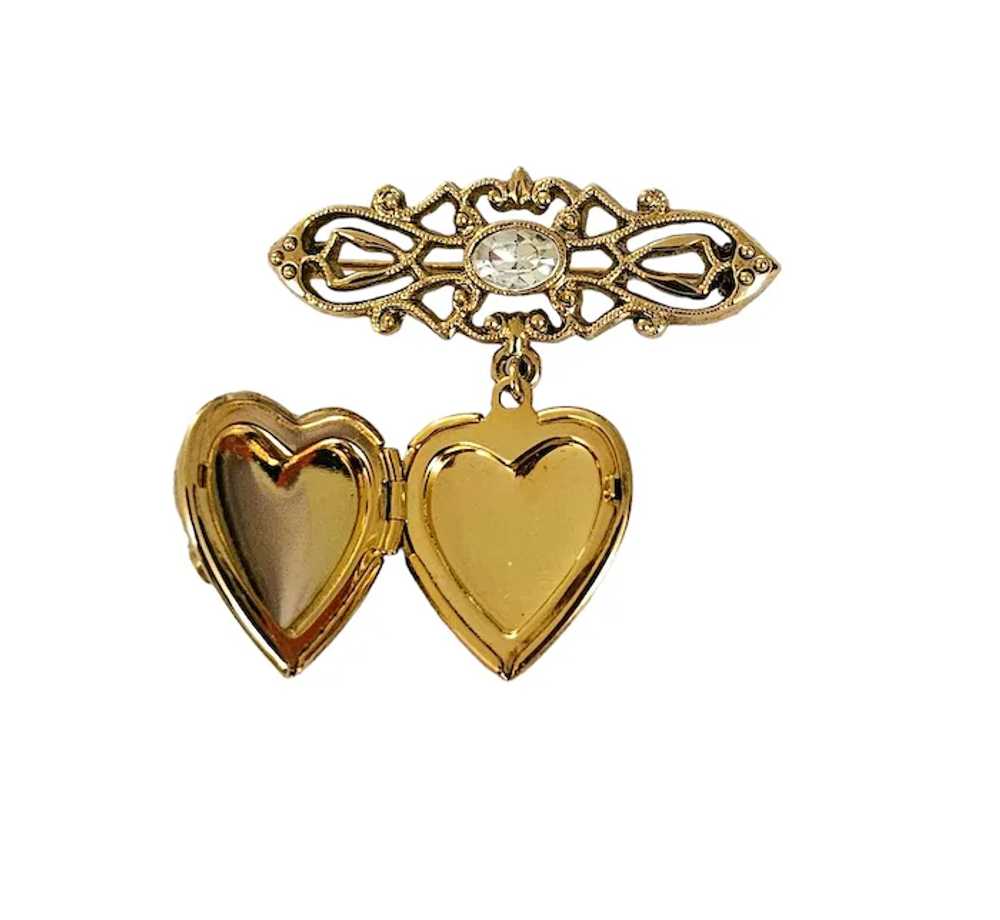 1928 Brand Gold Tone Heart Locket Bar Brooch Pin … - image 4