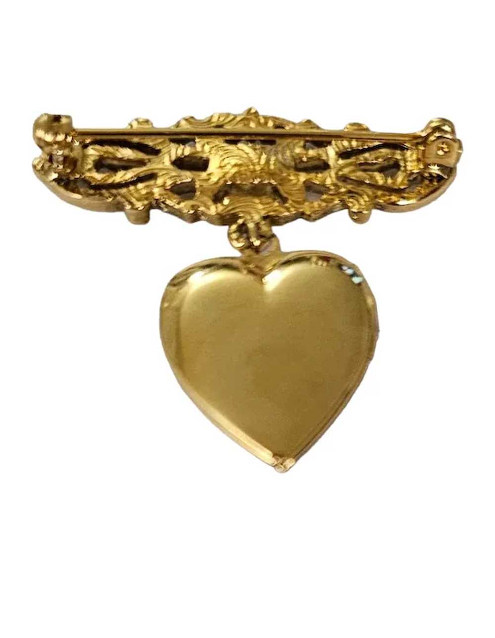 1928 Brand Gold Tone Heart Locket Bar Brooch Pin … - image 5