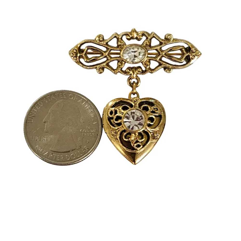 1928 Brand Gold Tone Heart Locket Bar Brooch Pin … - image 6