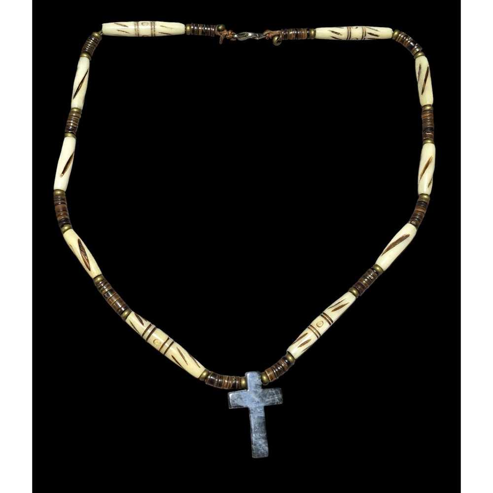 Other Vintage Carved Bead Blue Jasper Cross Neckl… - image 1