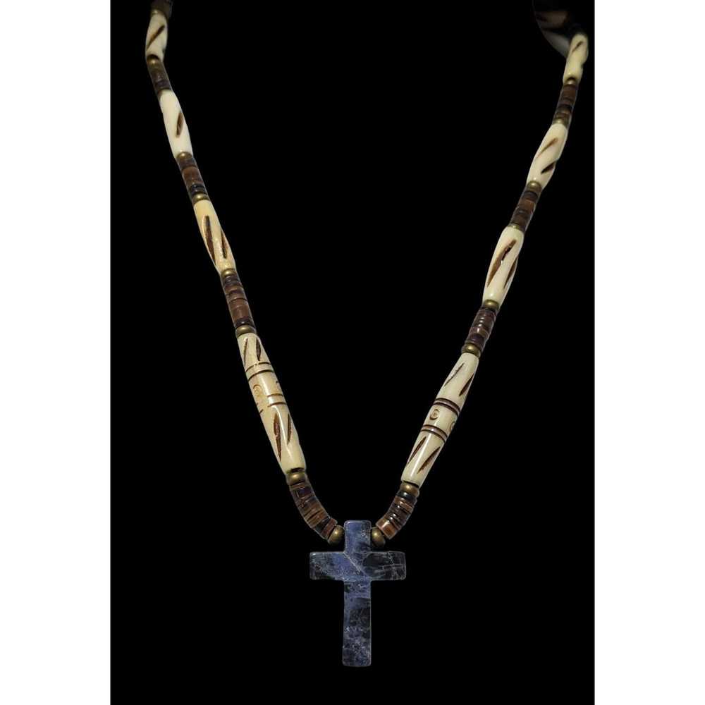 Other Vintage Carved Bead Blue Jasper Cross Neckl… - image 2