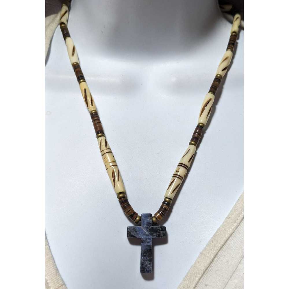 Other Vintage Carved Bead Blue Jasper Cross Neckl… - image 5