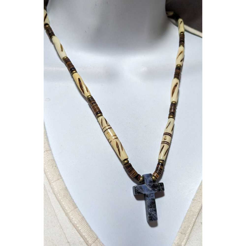 Other Vintage Carved Bead Blue Jasper Cross Neckl… - image 6