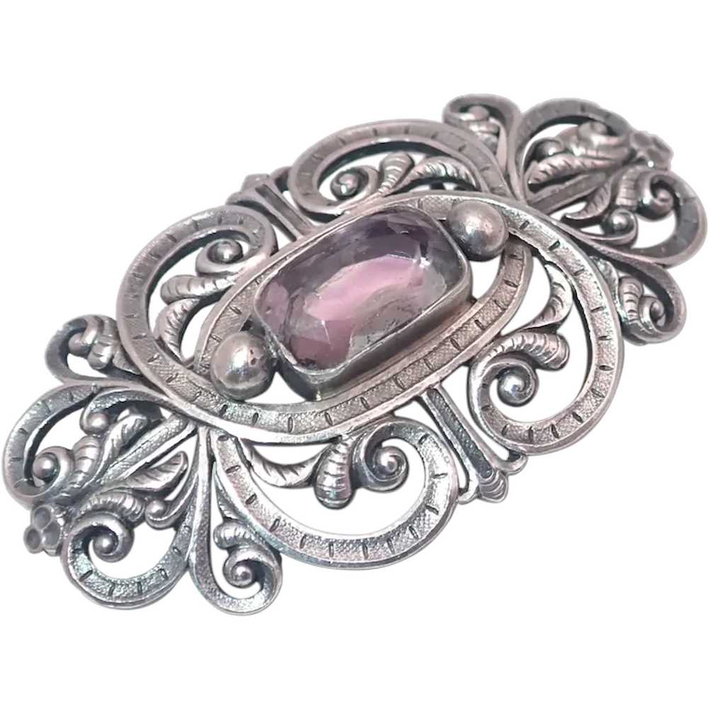 French Antique 19th C Silver Amethyst Brooch - image 1