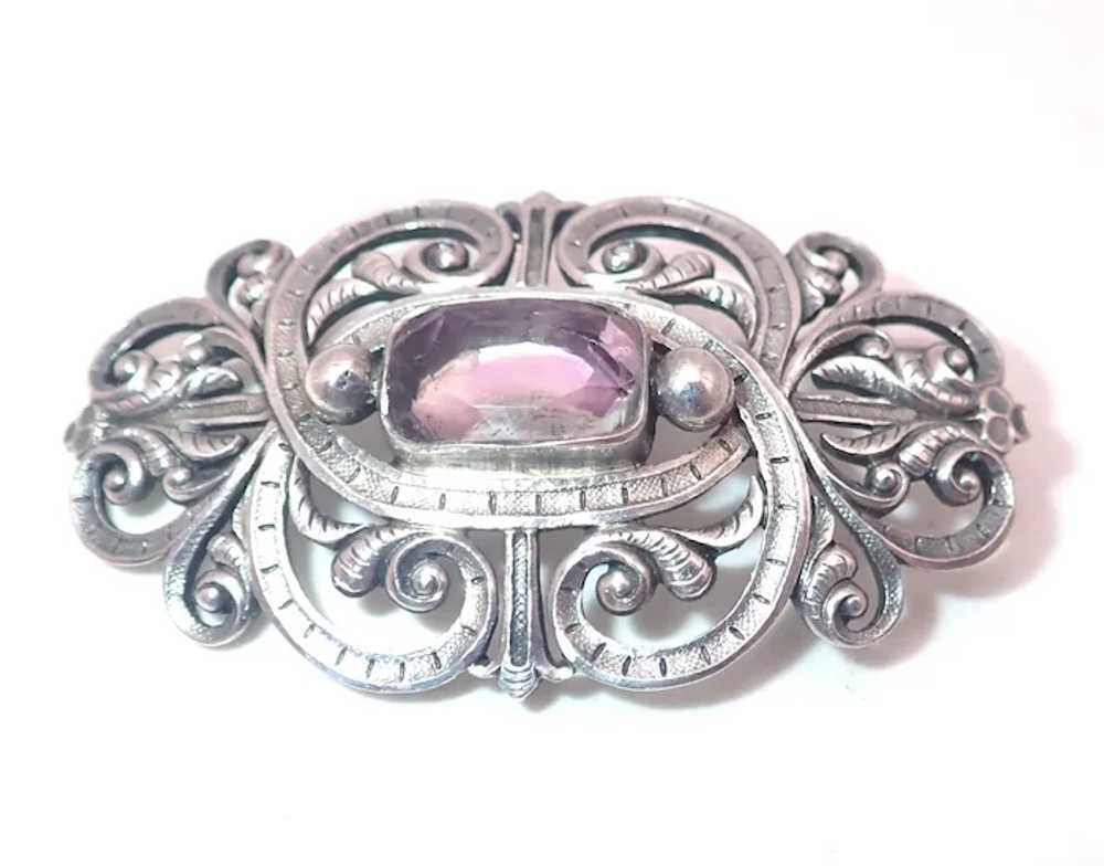 French Antique 19th C Silver Amethyst Brooch - image 2