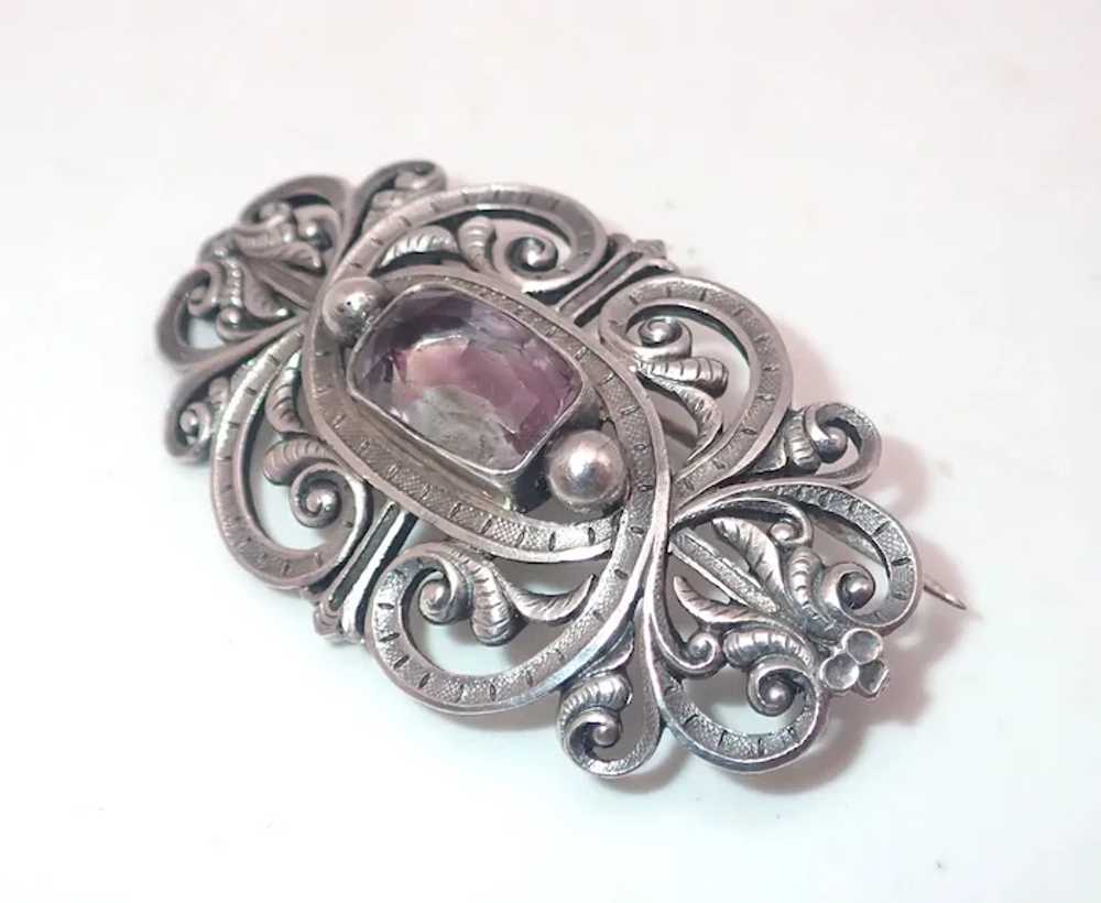 French Antique 19th C Silver Amethyst Brooch - image 3