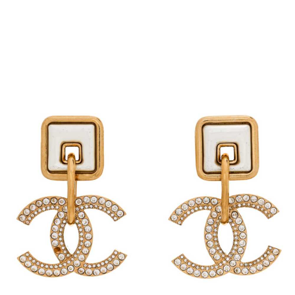 CHANEL Crystal Pearl CC Square Drop Earrings Gold… - image 1