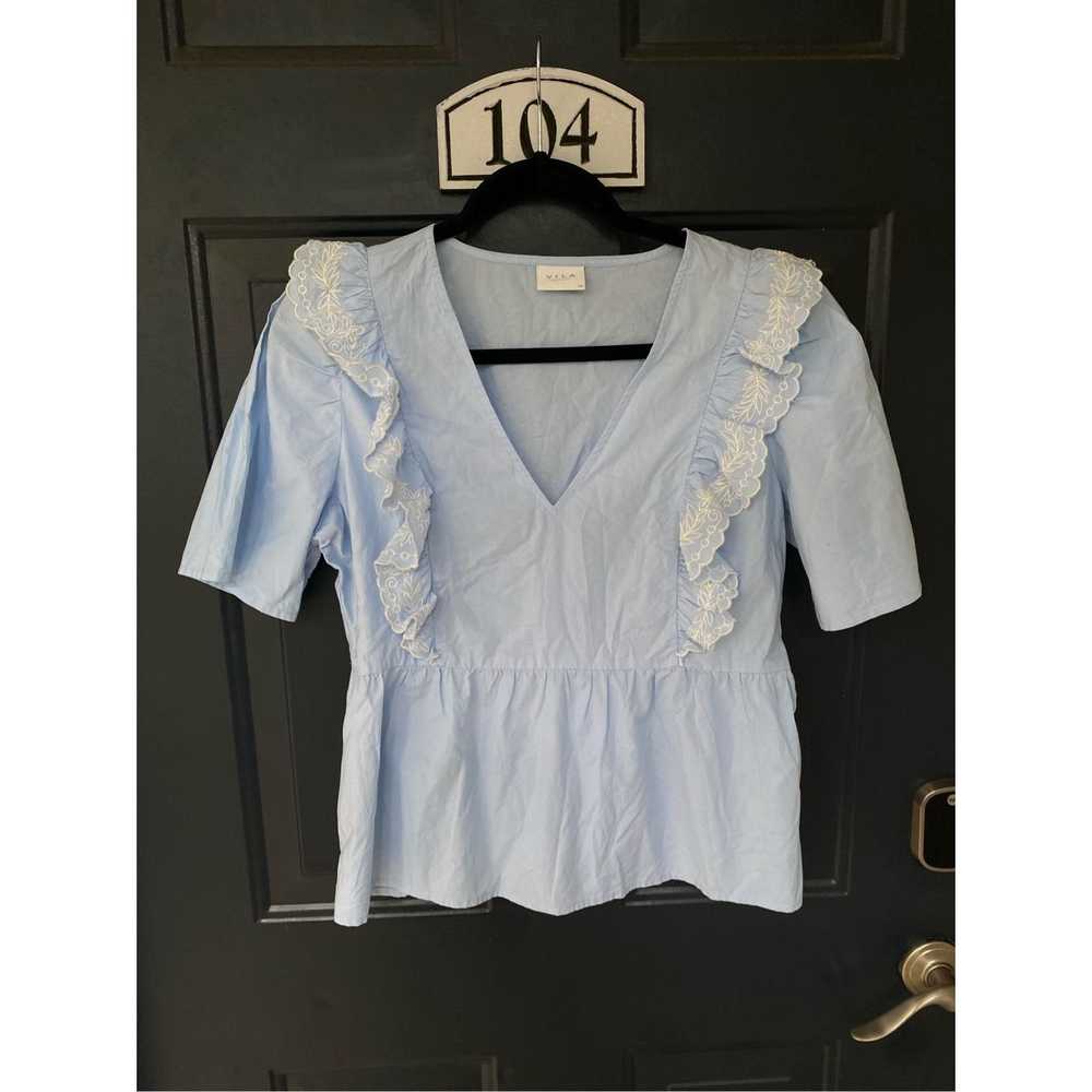 Fila Vila Clothes Blue White Ruffle V-Neck Blouse… - image 1