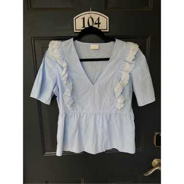 Fila Vila Clothes Blue White Ruffle V-Neck Blouse… - image 1