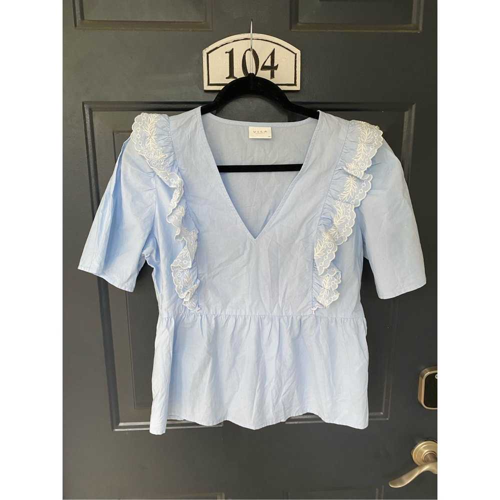 Fila Vila Clothes Blue White Ruffle V-Neck Blouse… - image 2