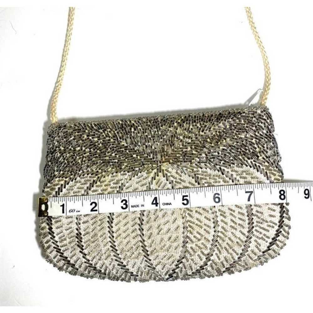 Vintage Small Beaded White Silver Clutch Purse - image 4