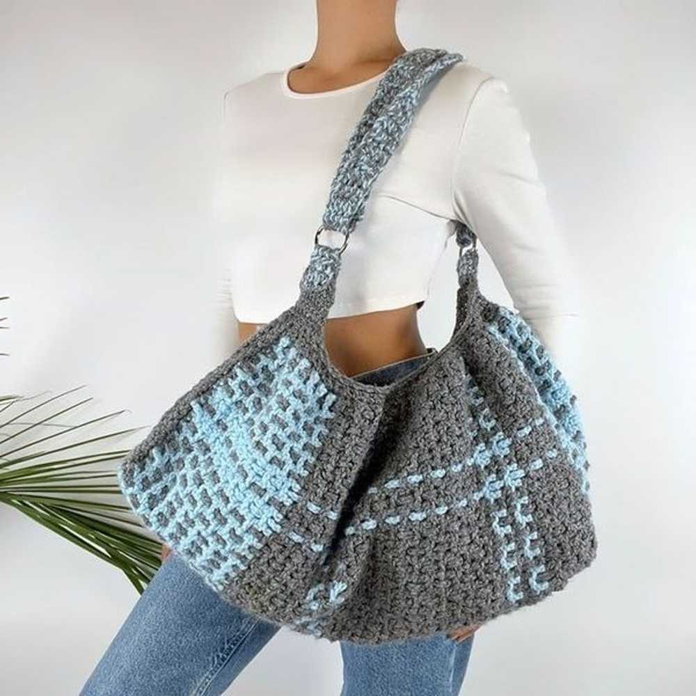 Vintage Gray & Blue Cottagecore Knit Crochet Over… - image 4