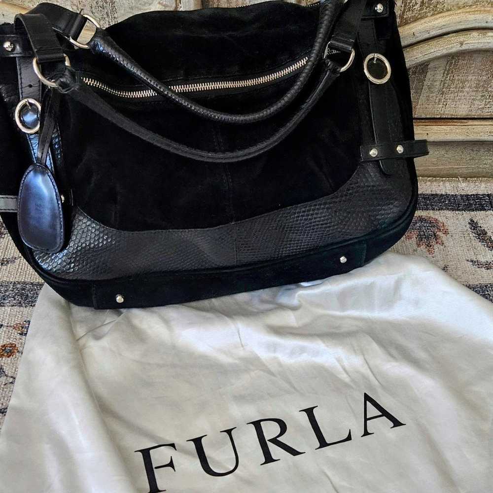 FURLA Vintage Black Suede & Leather Satchel-Gorge… - image 1