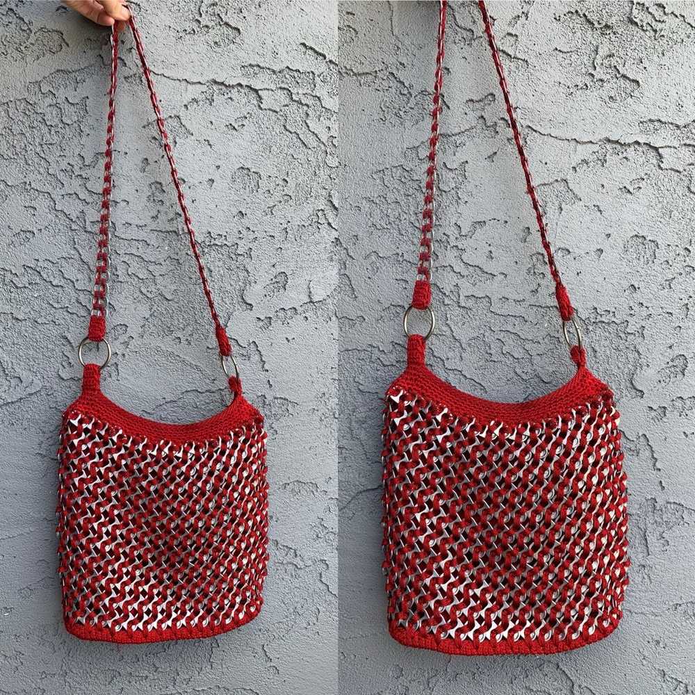 Handmade vintage bottle cap red crochet crossbody… - image 1