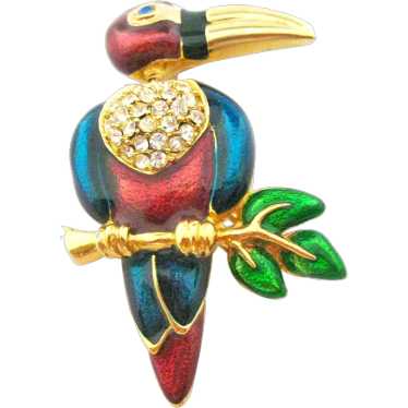 Tucan Bird Trembler Brooch Colorful Enameled Head… - image 1