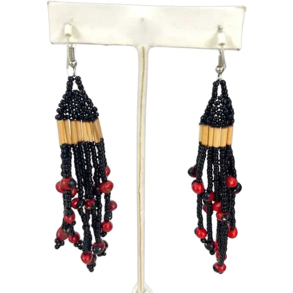 Handcrafted Beaded Earrings With Red Beads & Blac… - image 1