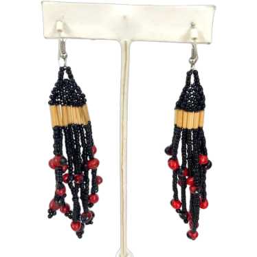 Handcrafted Beaded Earrings With Red Beads & Blac… - image 1