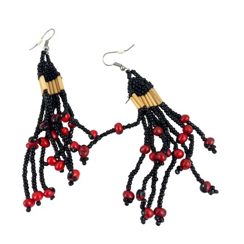 Handcrafted Beaded Earrings With Red Beads & Blac… - image 2