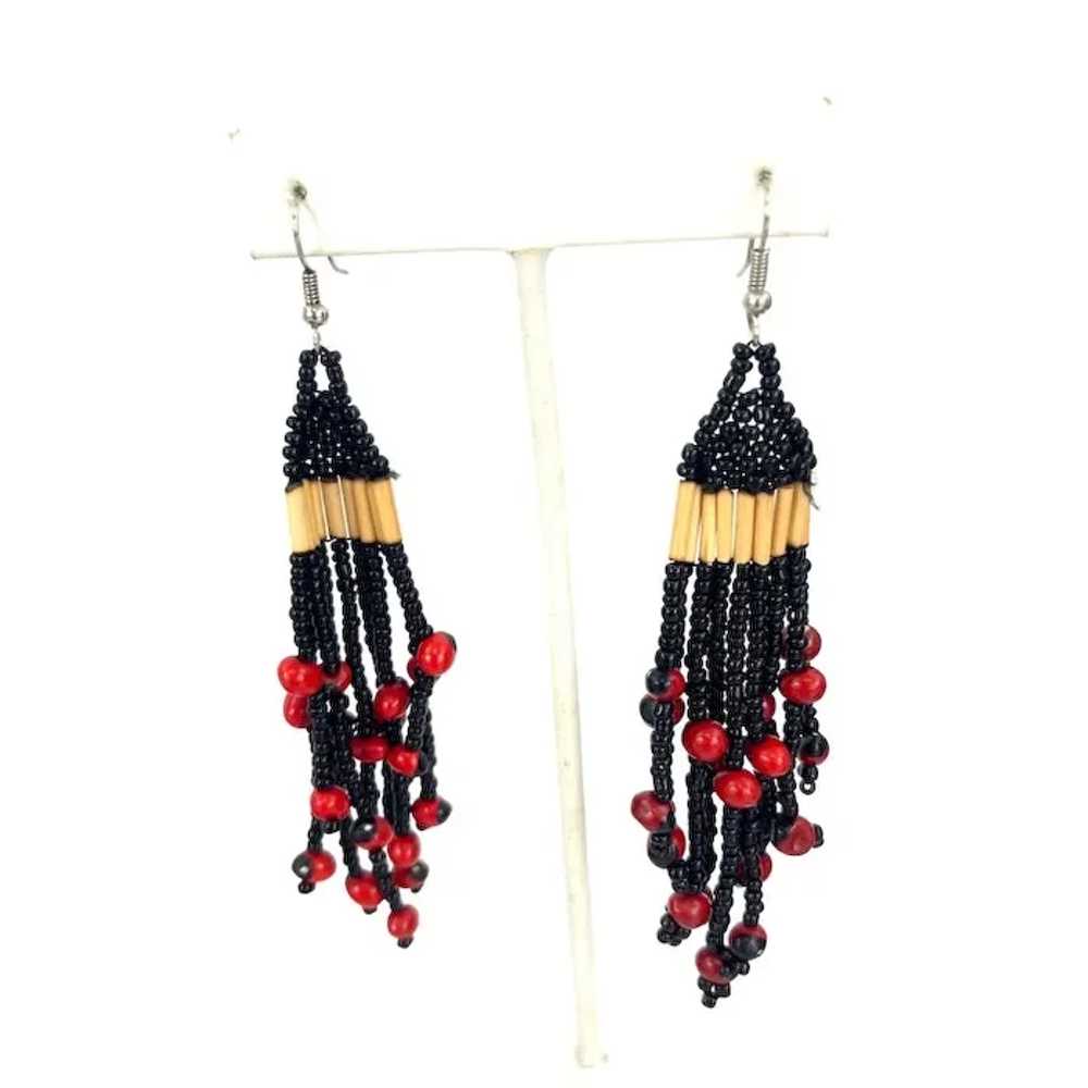 Handcrafted Beaded Earrings With Red Beads & Blac… - image 3