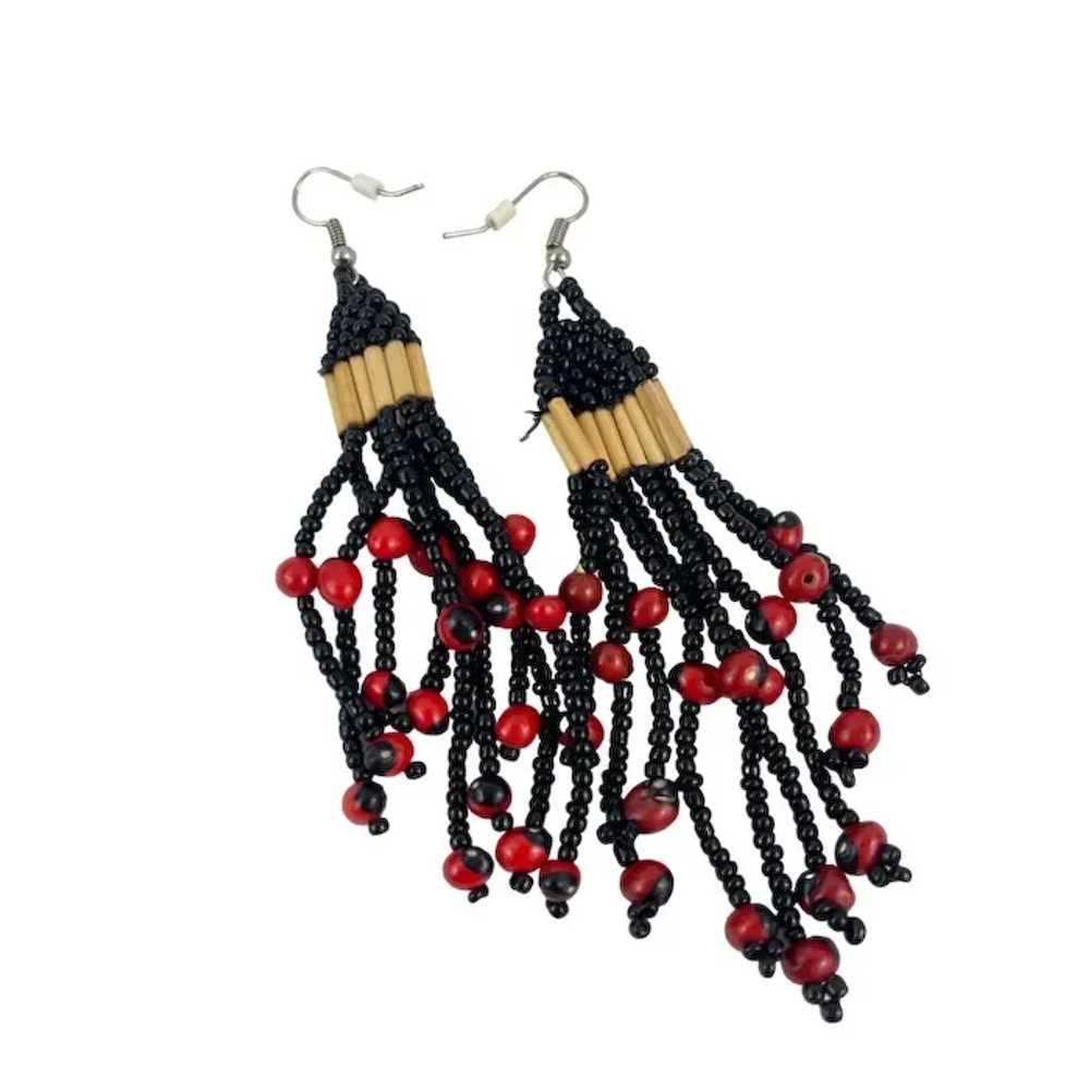 Handcrafted Beaded Earrings With Red Beads & Blac… - image 5