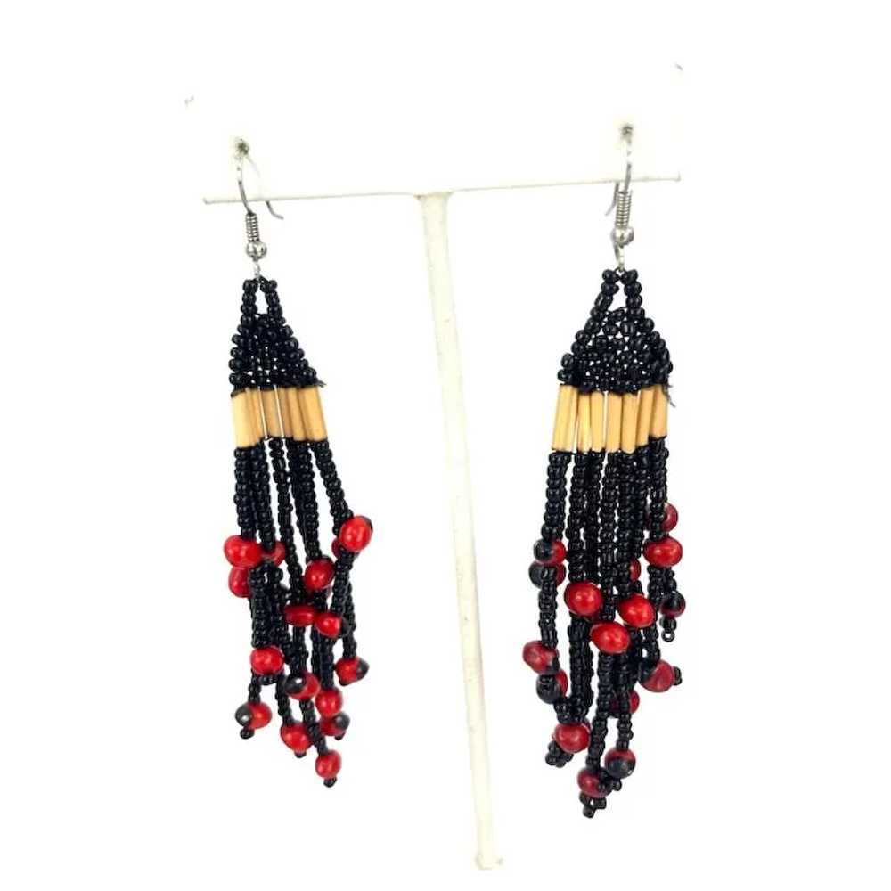 Handcrafted Beaded Earrings With Red Beads & Blac… - image 7