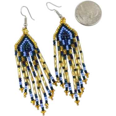 Handmade Blue Gold Beaded Dangle Earrings - image 1